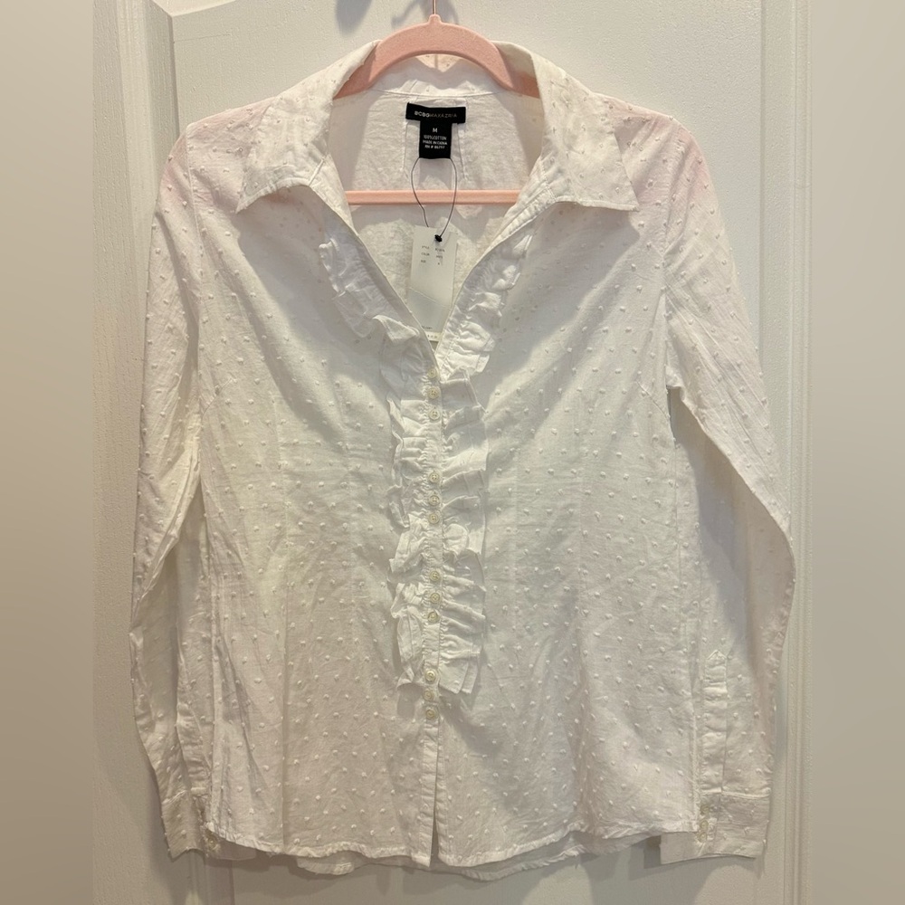 BCBG MAXAZRIA White Cotton Blouse Swiss Dot Ruffle Sequins NWT M